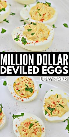 deviled eggs are stuffed with cheese and garnished with herbs