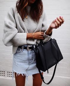 ♕ insta and pinterest @amymckeown5 Blogger Street Style, Denim Skirt Outfits, Look Retro, Fashion Trends Winter, Outfit Trends, Winter Trends, Gray Sweater, Mode Inspo, Fashion Week Street Style