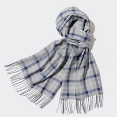 Fabric Details 65% Acrylic, 35% Wool Size 180 X 50cm, Fringe: 8cm X 2 Washing Instructions Hand Wash Cold, Dry Clean Fluffy Scarf, Uniqlo Heattech, Checked Scarf, Patterned Scarves, Styling Ideas, Scarf Pattern, Check Pattern, Uniqlo, Blue Gray