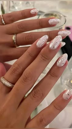 Nails, nails acrylic, nails gel, nail designs, nail ideas, nails 2023 trends, nails inspiration, nail art designs, nail shapes, almond nails, short nails, nail colors, nails 2023 spring trends, nails 2023 summer trends, summer nails, summer nail ideas, nail gems, chrome nails Pearl Nails With Diamonds, Summer Nails With Pearls, Funky Nails With Gems, Pearl Nails With Gems, Nails Inspiration Diamond, Silver Pearl Nails, Nails Inspiration With Gems, Nail Inspo Diamonds, Short Nails Gems