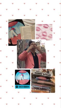 a collage of photos with pink and white hearts on them, including an image of a man in a pink suit