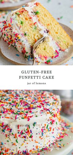 Two images of vanilla cake covered in sprinkles. Simple Sheet Cake, Gluten Free Funfetti Cake, Funfetti Cupcake Recipe, Funfetti Birthday Cake, Funfetti Birthday, Cake With Buttercream Frosting, Funfetti Cupcakes, Gluten Free Cake Recipe, Cupcake In A Jar