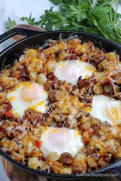 an egg and hash browns in a skillet with parsley on the side, ready to be eaten