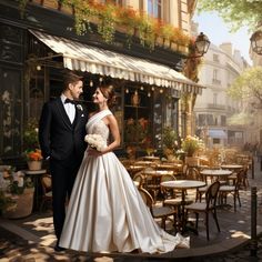 a bride and groom standing in front of an outdoor cafe on a cobblestone street