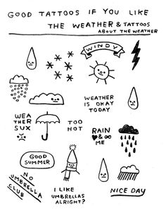 the weather and rain symbols are drawn in black ink on white paper, with words above them