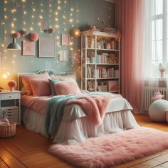 a bedroom decorated in pink and blue with fairy lights