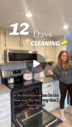 a woman standing in front of an oven with the words 12 days of cleaning on it