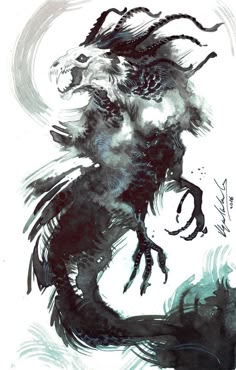 an ink drawing of a black and white dragon with large claws on it's back