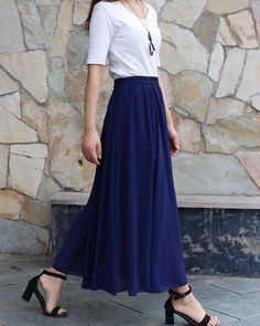 * A beautiful long chiffon skirt, two layers, not sheer at all. * Quality pearl chiffon fabric, soft, breathing and easy care. * A-line shape and elastic waist, it moves very beautifully when you walk. * Support 7 days return to get full refund on item without any reason. * Can custom size and colors, lead time is 6-8 days; * Let us know your usual size in your country and your overall height. * If you have some specific request or special characters such as broad shoulder, long arms, long waist Mesh Skirt Outfit, Blue Skirt Outfits, Dark Blue Skirt, Long Chiffon Skirt, Long Skirt Summer, Chiffon Maxi Skirt, Maxi Skirt Outfits, Time Series, Skirt Summer