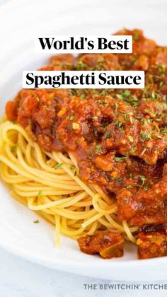 spaghetti with meat sauce and parsley on top in a white bowl, ready to be eaten