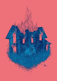 a drawing of a house on fire with blue flames coming out of the roof and doors