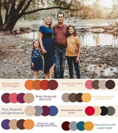 a family posing for a photo in front of a tree with the colors of autumn and fall