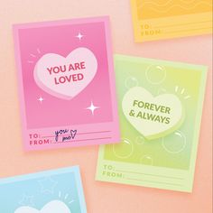 three different colored greeting cards on a pink background with the words you are loved, forever and always