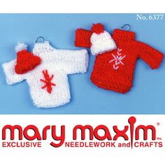 two red and white knitted baby sweaters on a blue background with the words mary maximum