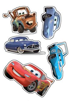 four cartoon cars are shown in three different shapes and sizes, each with the same character