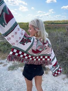 Introducing my latest creation! Upcycled a beautiful vintage country watermelon themed fringe blanket into this cozy, one of a kind blanket top! Super oversized chest makes this piece ultra flattering for any body type! Shorter length to showcase high waisted jeans or shorts. Longer sleeves for a snuggly, hug like feeling. Perfect statement piece for breezy seaside mornings, late nights at festivals, dinner dates, or lounging around the house. Sure to turn heads wherever you may wander! Measurem Blanket Upcycle, Aesthetic Dressing, Hoodie Upcycle, Fringe Blanket, Fashion Makeover, Forest Witch, Upcycle Clothes Diy, Upcycled Clothes, Dinner Dates