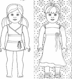 two children's coloring pages, one with a doll and the other with a dress