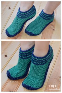 two pictures of someone's feet wearing knitted slippers with blue trims