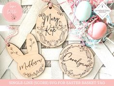 three personalized wooden easter tags with bunny ears