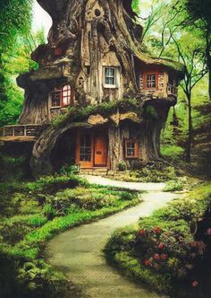 a tree house in the middle of a forest with moss growing on it's roof