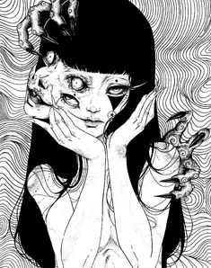 a black and white drawing of a woman with her hands on her face