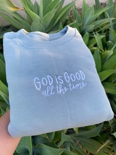 God is Good Embroidered Sweatshirt Crewneck is light weight, and perfect for layering! We use 4 UNISEX STYLE Brands: Smart Blank, Gildan, Cotton Heritage, & Hanes The brand will depend on your size. All crewnecks are true to size. However, if you enjoy a relaxed and lose fit, please size up. ✈️ PRODUCTION TIME & SHIPPING:: Production Time: Sweatshirts are made within 3-5 business days from when the order is placed. Shipping Time: Standard Domestic Shipping (3-5 business days after production tim Embroidered Clothes Ideas, Sweatshirts Ideas, Jesus Clothes, Christian Shirts Designs, Trendy Sweater, Green Crewneck, Sweatshirt Trendy, Cute Shirt Designs, Trendy Sweaters