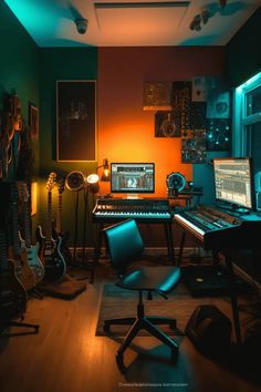 a room filled with musical equipment and guitars