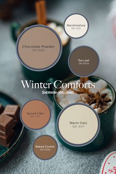 the winter comforts color palette is shown in several different colors and sizes, including brown, teal, caramel, cocoa