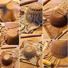 the process of making a hat out of clay and crochet laces is shown here