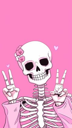 a skeleton holding up two fingers in front of a pink background with hearts on it