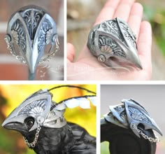 four different pictures of a black bird wearing a silver ring