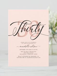 a pink and black 30th birthday party card with the word thirty printed in cursive font