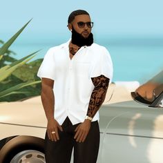 a man standing in front of a car wearing sunglasses and a white shirt with tattoos on his arms