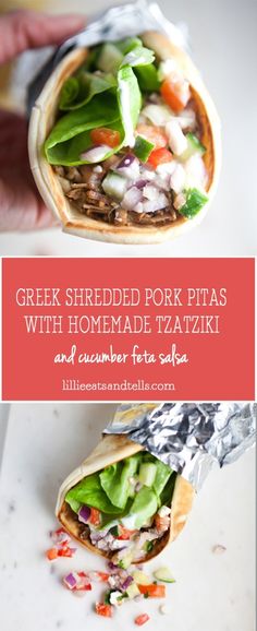 greek shredded pork pitas with homemade tzatzki and cucumber feta salad