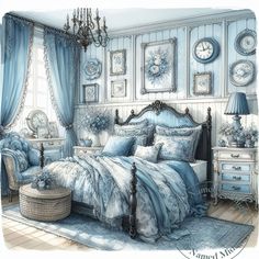 a drawing of a bedroom with blue and white decor