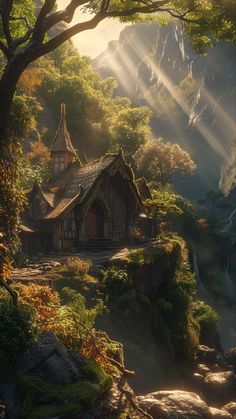 a small house in the middle of a forest with sunlight streaming through it's windows