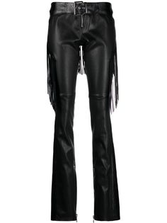 fringed boot-cut trousers from Versace featuring black, lambskin, low-rise, fringe detailing, front button and zip fastening, front zip fastening, belted waist and bootcut. Glam Outfit, Chain Reaction, Versace Outfit, Wardrobe Edit, Yoko London, Fringe Boots, 2000s Fashion, Platform Heels, Straight Leg Pants