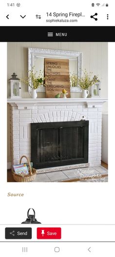 the fireplace is decorated with white paint and flowers in vases on it's mantle