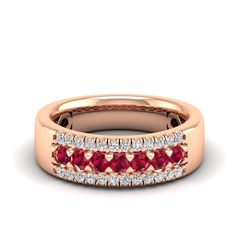 This stunning wedding ring features vibrant red diamonds set in elegant gold, creating a timeless and luxurious piece of jewelry that symbolizes love and commitment. The striking contrast between the deep red diamonds and the bright gold makes this ring a unique and eye-catching choice for any bride or groom. Metal: 14K Gold Setting Type: Prong Rhodium Finish: Yes, on White Gold Gemstone Details: Gemstone: Ruby Shape: Round Average Dimensions: 2.50 MM Quantity: 07 Average Cut: Very Good Average Classic Ruby Ring With Pave Setting For Anniversary, Luxury Red Ring With Pave Setting, Red Diamond Rings With Channel Set, Red Diamond Channel Set Rings, Formal Red Diamond Ring With Pave Setting, Classic Red Ruby Ring With Prong Setting, Red Pave Setting Rings, Classic Red Diamond Ring With Pave Setting, Luxury Red Rings With Diamond Accents