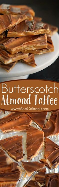 butterscotch almond toffee on a white plate with the text overlay