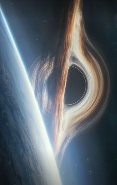 an artist's impression of a black hole in the outer space, with earth below