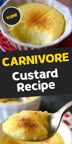 a close up of a spoon with food in it and the words carnivore custard recipe