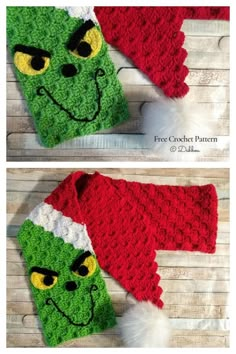 two crocheted christmas hats with grin face on them