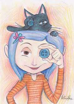 a drawing of a girl with a cat on her head and a button in her hair