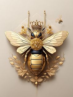 a gold and black bee with a crown on its back