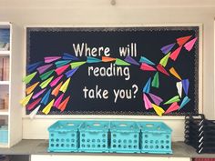 a bulletin board that says where will reading take you? with baskets on the shelf