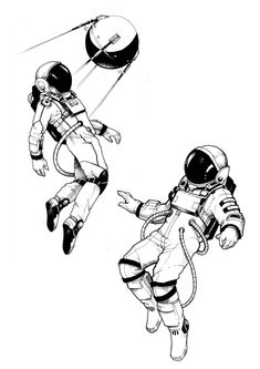 two astronauts are flying through the air