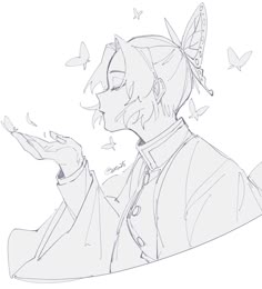 a drawing of a man with butterflies on his head, holding a cell phone in one hand and looking up at the sky