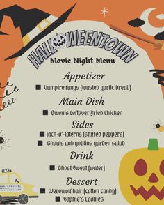 a halloween menu with pumpkins, jack - o'- lantern and other items