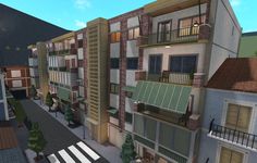 an artist's rendering of a city street with apartment buildings and balconies